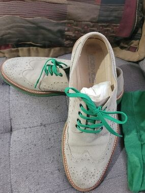 Men's Beige Suede Wingtip Derbys with Green Laces